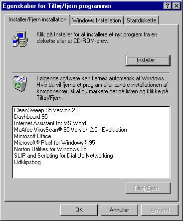 Programmer afinstalleres ved at vælge Tilføj/fjern programmer i kontrolpanelet.