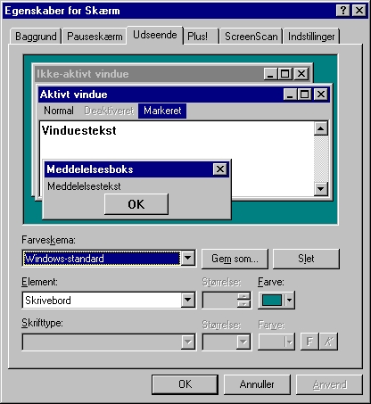 I dialogboksen Egenskaber for skærm kan du ændre størrelse, farve og skrifttype på de fleste ting i Windows 95.