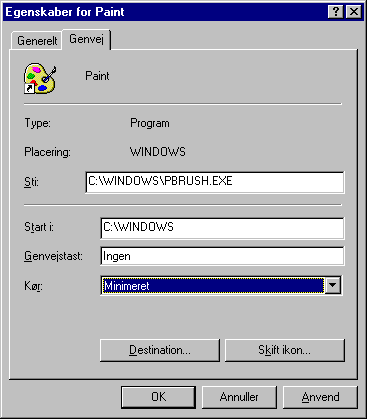 Under fanen genvej kan du vælge, hvordan programmet skal startes op.