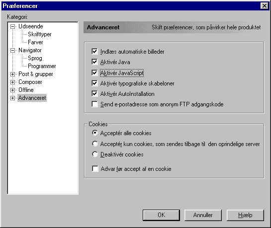 I Netscape Navigator 4 kan man i præferencerne indstille, om JavaScript skal være aktiveret.