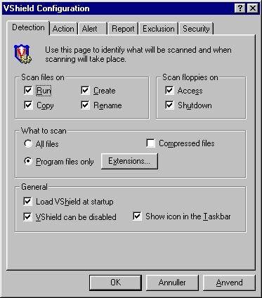 McAfee giver en del konfigurationsmuligheder i ViruShield-programmet.