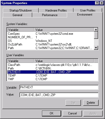 Du kan sætte variabler i Windows NT ved at åbne system-vinduet fra kontrolpanelet.