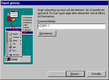 Hvis man sætter et spørgsmålstegn efter filnavnet i feltet kommandolinje, vil Windows 95 selv spørge om parametre.