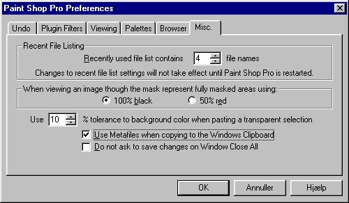 Ved at bede Paint Shop Pro kopiere billeder som metafiler, kan der spares plads, når billedet indsættes i Word.