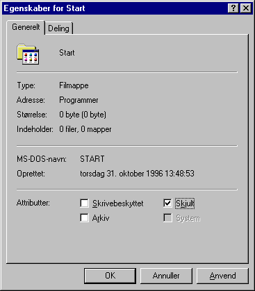 For at skjule gruppen Start i start-menuen, behøver du blot at klikke i feltet skjult.