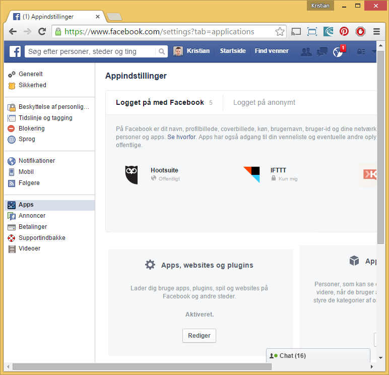 Facebook apps-indstillinger